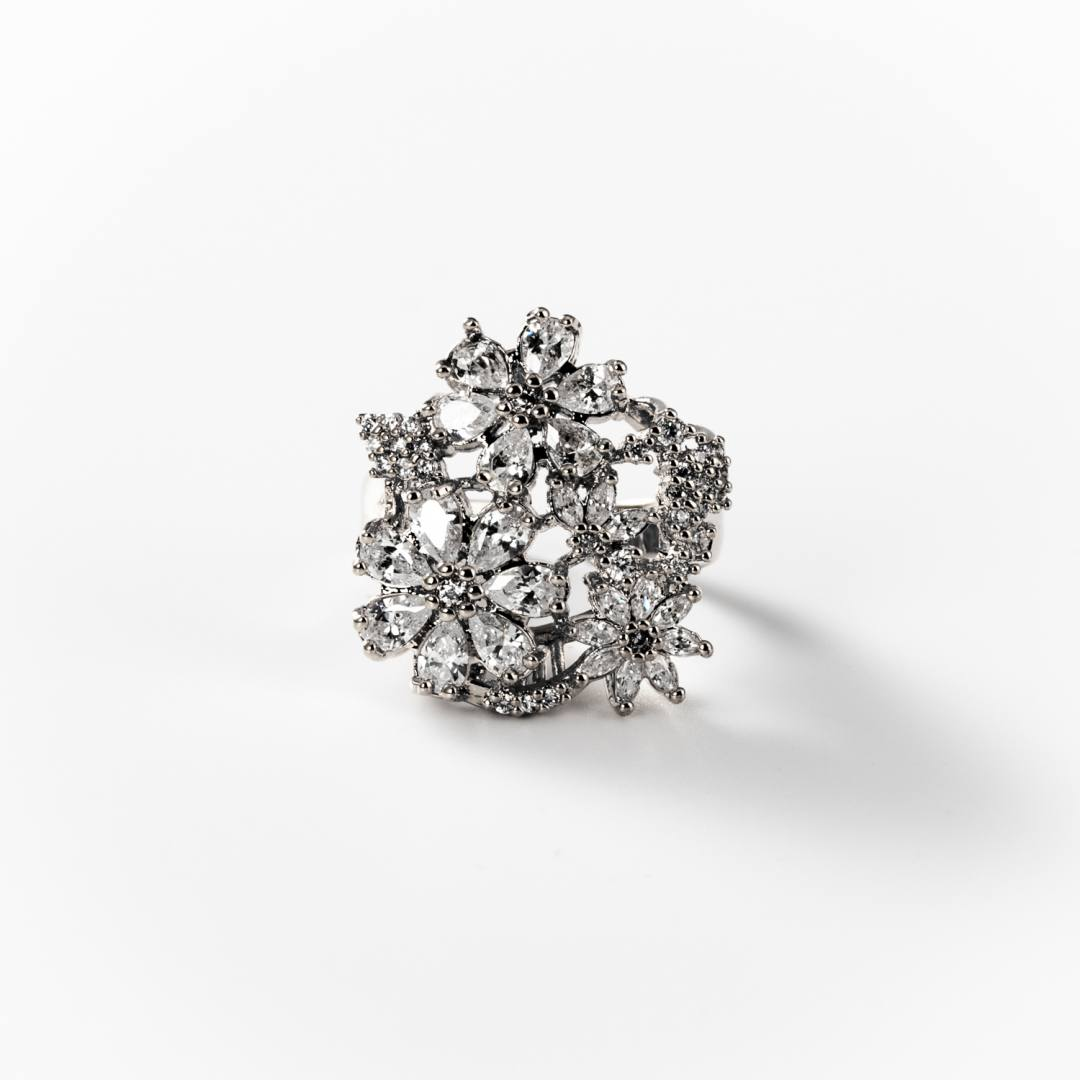 Bague bouquet en acier rhodié - N° BIGAS005